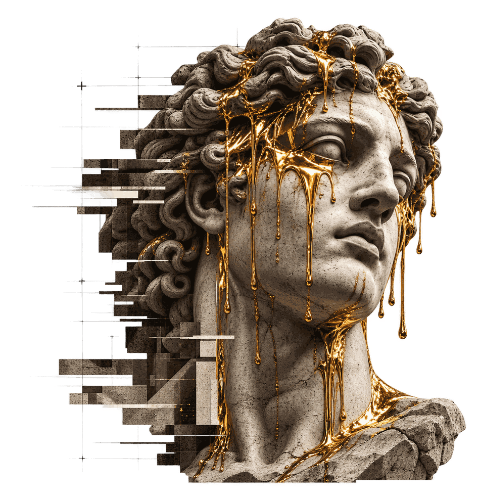 Marble bust with gold dripping over the face — TROYA visual identity