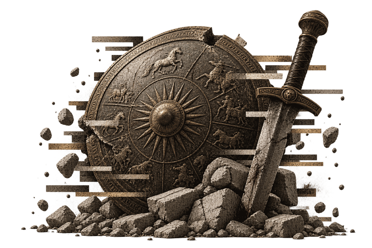 Ancient bronze shield with a sunburst and a sword driven into a pile of rocks — Achilles EA