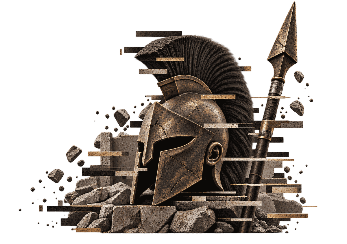 Bronze Spartan helmet with a dark crest and a spear on a pile of rocks — Hector EA