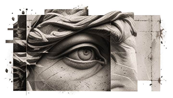 Collage: a marble eye and a market chart
