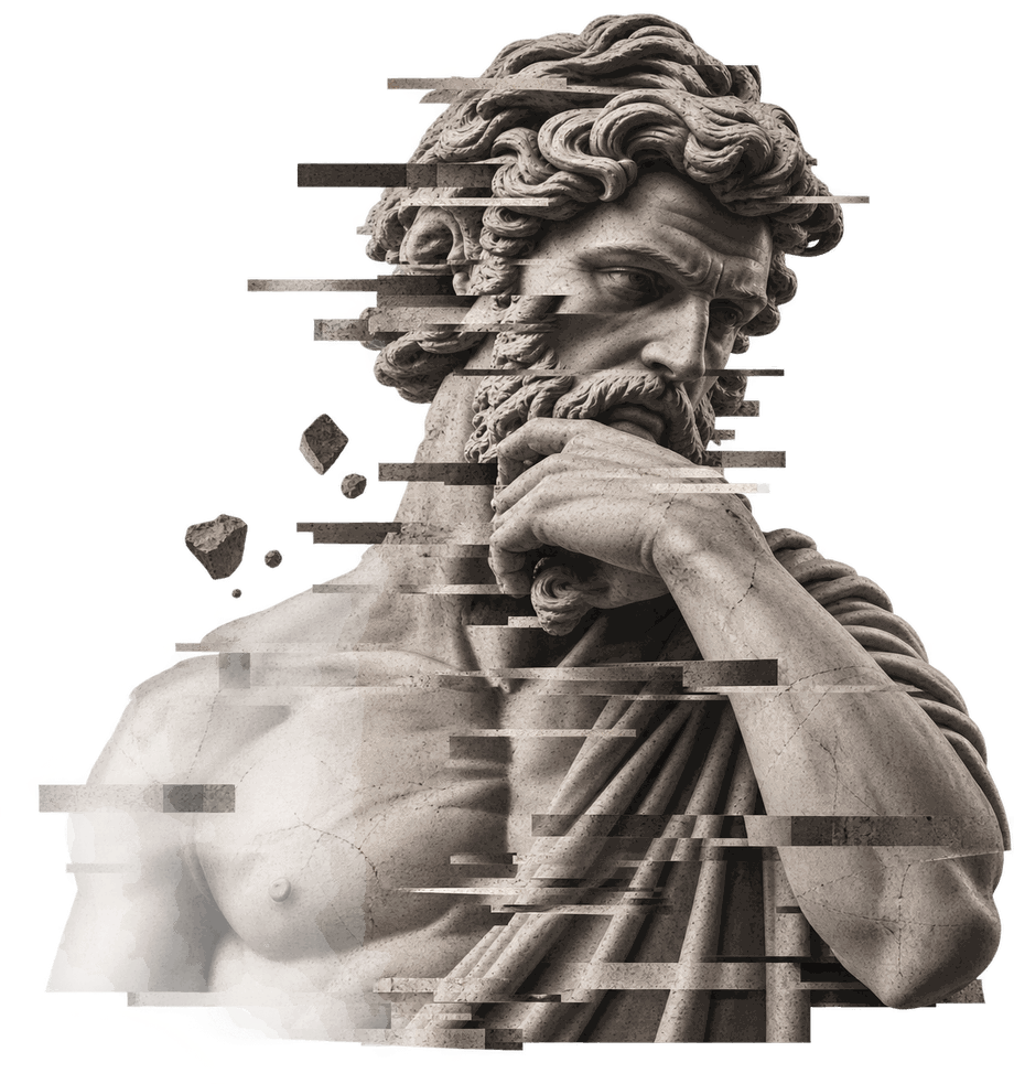 The Thinker statue over a drafting grid — TROYA research
